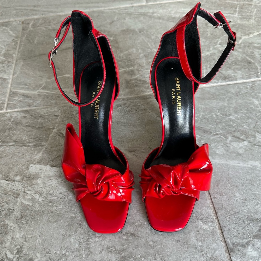 Saint Laurent Red Patent Leather Bow Ankle Strap Heels - Made in Italy - Size 37